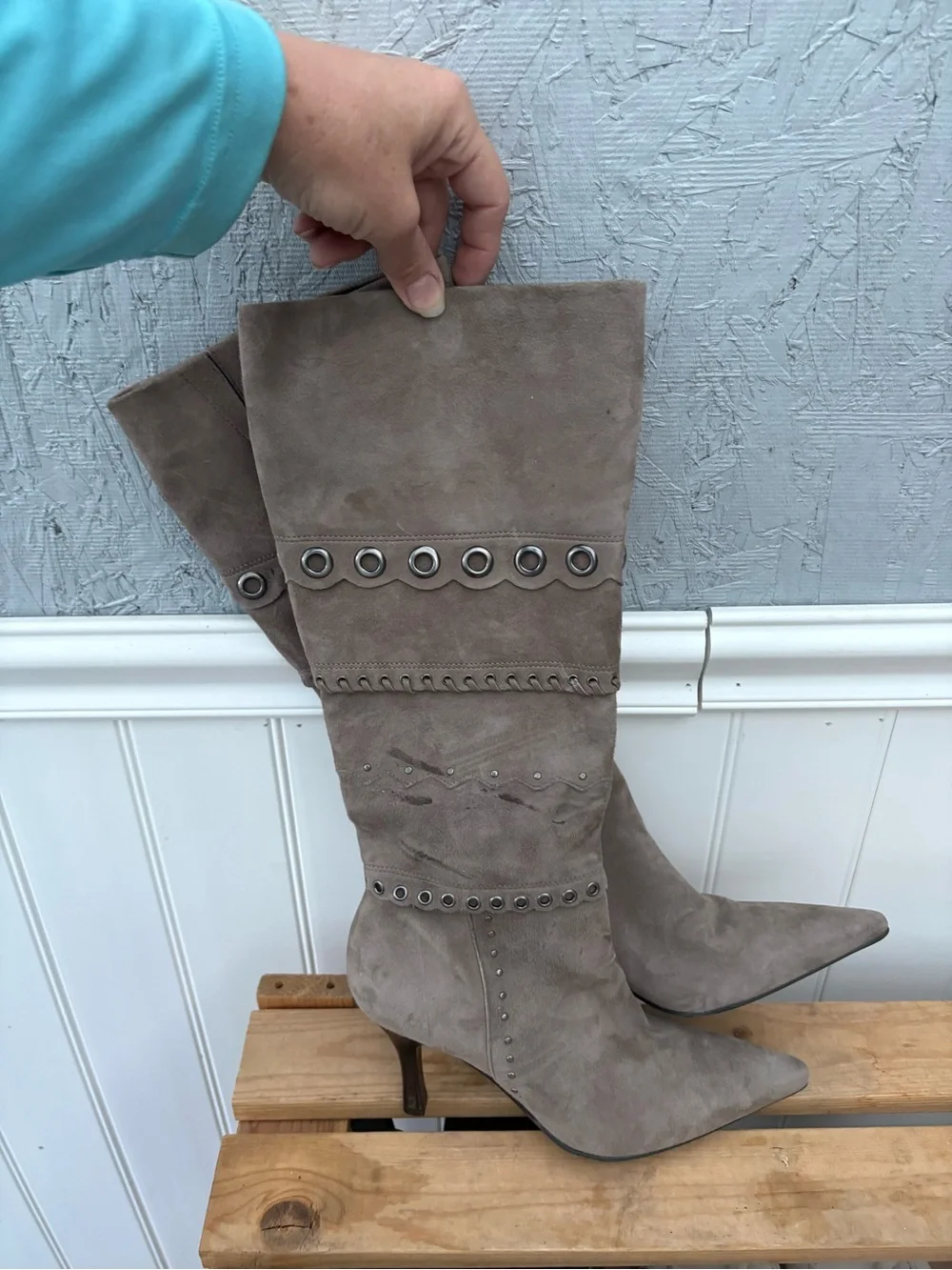 ANTONIO MELANI Taupe Suede Over-the-Knee Boots with Studded Eyelet Detail